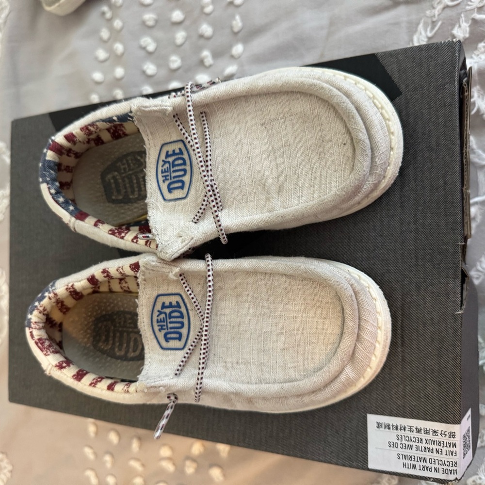 Hey Dude Kids' Cream Moccasins with American Flag Trim